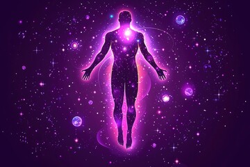 Obraz premium A Glowing Human Silhouette Suspended in a Starry Purple Cosmos