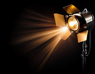 Foco teatral encendido proyectando un haz de luz sobre fondo negro recurso gráfico para ilustrar escenarios espectáculos artes escénicas teatro cine música cineclub y proyectos audiovisuales