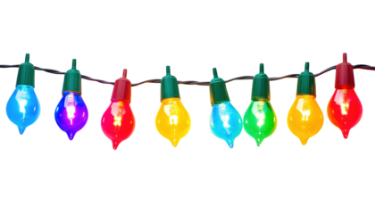A string of colorful Christmas lights with bulbs lit up in red, green, blue, and yellow isolated on transparent background