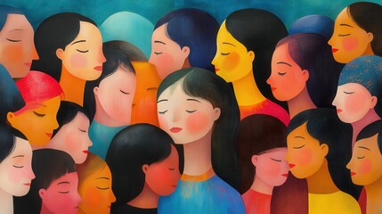 This artwork features a colorful assembly of women with varied ethnicities and expressions, all with their eyes closed.