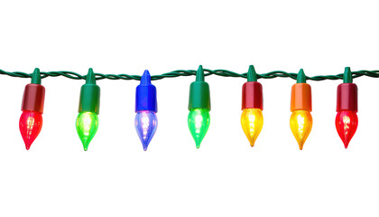 A string of colorful Christmas lights with bulbs lit up in red, green, blue, and yellow isolated on transparent background