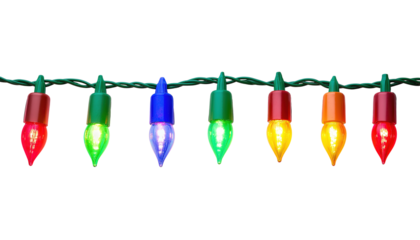 A string of colorful Christmas lights with bulbs lit up in red, green, blue, and yellow isolated on transparent background