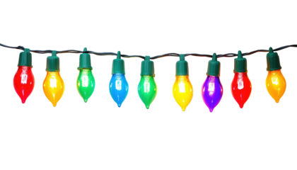 A string of colorful Christmas lights with bulbs lit up in red, green, blue, and yellow isolated on transparent background