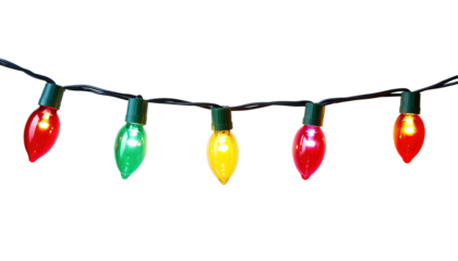 A string of colorful Christmas lights with bulbs lit up in red, green,  and yellow isolated on transparent background