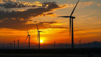 Obraz premium a sprawling field of wind turbines in China, silhouetted against a stunning sunset, their blades slicing through the colorful sky as symbols of sustainable power.