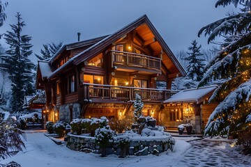 A charming chalet with a steep, snow-laden roof, large windows, and icicles hanging from the edges, surrounded by tall pine trees
