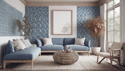 Modern living room featuring blue upholstery, natural textures, and artistic decor in a bright space with large windows