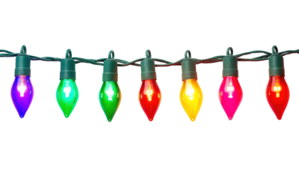 A string of colorful Christmas lights with bulbs lit up in red, green, blue, and yellow isolated on transparent background