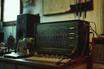 Vintage music studio control room with analog audio equipment showing sound wave form on screen