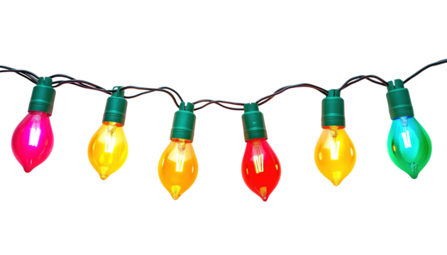 A string of colorful Christmas lights with bulbs lit up in red, green, and yellow isolated on transparent background