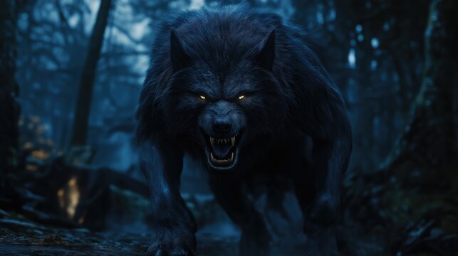 Scary werewolf attacks in the evening forest. Creepy black werewolf.
