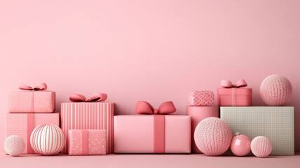 Pastel pink christmas gift boxes isolated with copy space.  