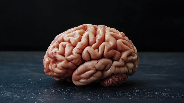 Human brain on a dark surface. Model of a human brain on a black background.