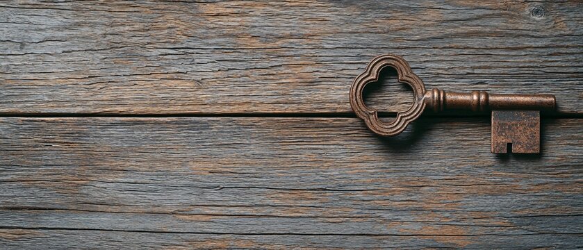 Enigmatic Antique Key on Weathered Wooden Surface Conjuring Hidden Stories and Mysteries