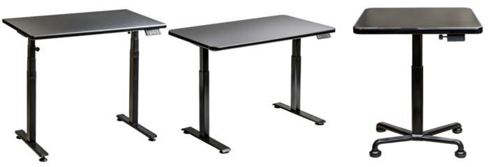 A functional standing desk ergonomic design adjustable height black metal frame isolated on white and transparent background