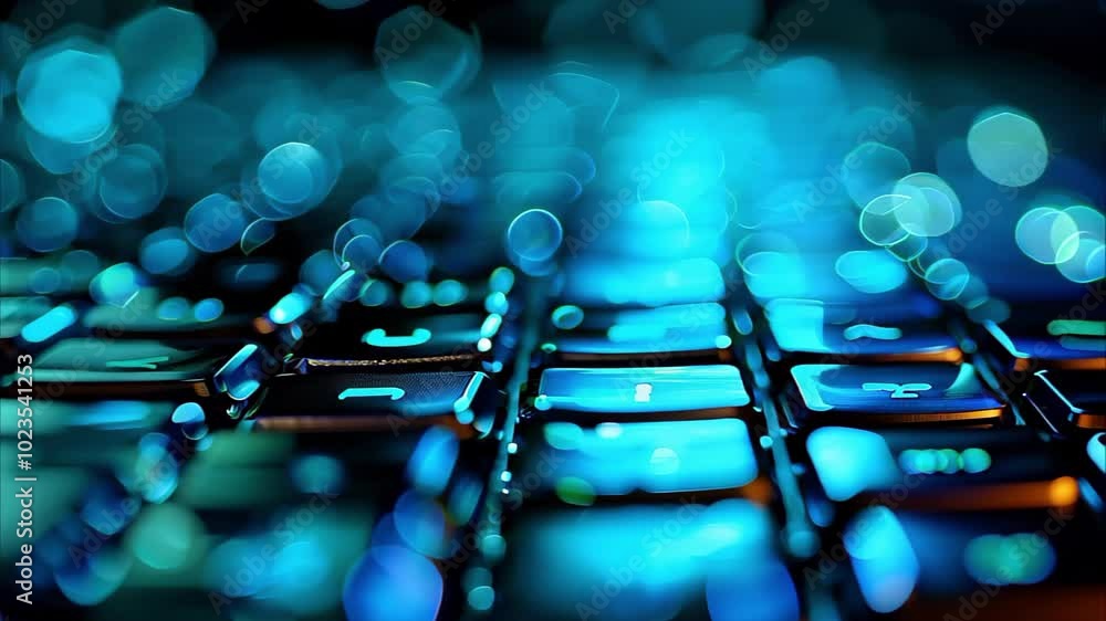 Poster a close-up of a keyboard with a blurred, glowing, blue bokeh effect, creating a visually striking ab
