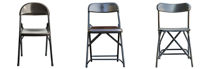 A folding metal dining chair industrial style matte black finish stackable isolated on white and transparent background