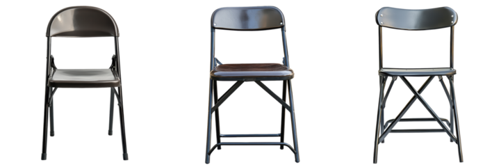 A folding metal dining chair industrial style matte black finish stackable isolated on white and transparent background