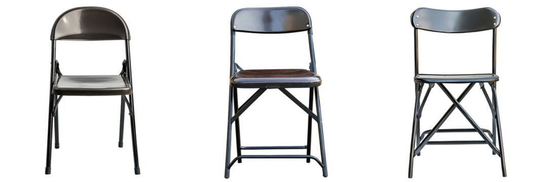 A folding metal dining chair industrial style matte black finish stackable isolated on white and transparent background