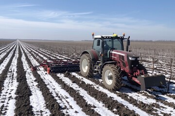 Obraz premium A red tractor works the soil in a field with rows of young trees. The ground is partially covered with snow.