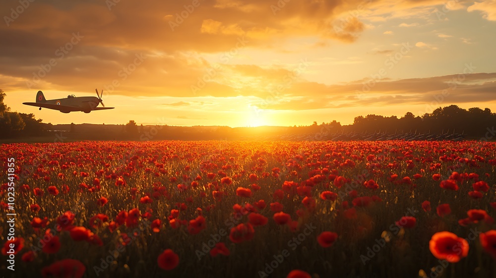 Canvas Prints A scenic sunset over a field of poppies with a plane flying in the background.