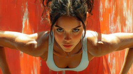 A determined young woman of mixed European descent is performing a push-up against a vivid orange background, showcasing strength and focus.