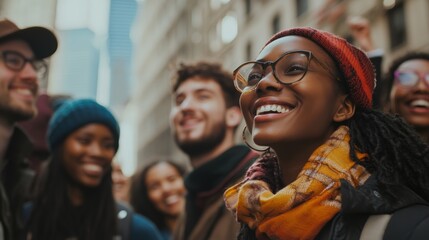 A group of diverse people from various cultural backgrounds smiling and interacting naturally in an urban setting, capturing real emotions