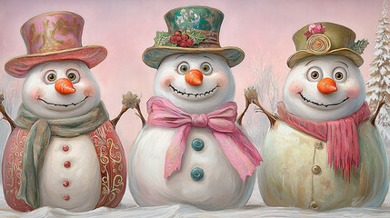 Three snowmen on a pale pink background.