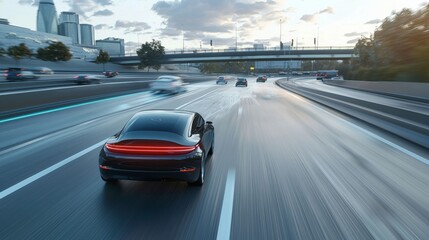Autonomous car on a highway, seamlessly adjusting its speed to match surrounding traffic, with a visual interface highlighting adaptive cruise control technology in real-time.