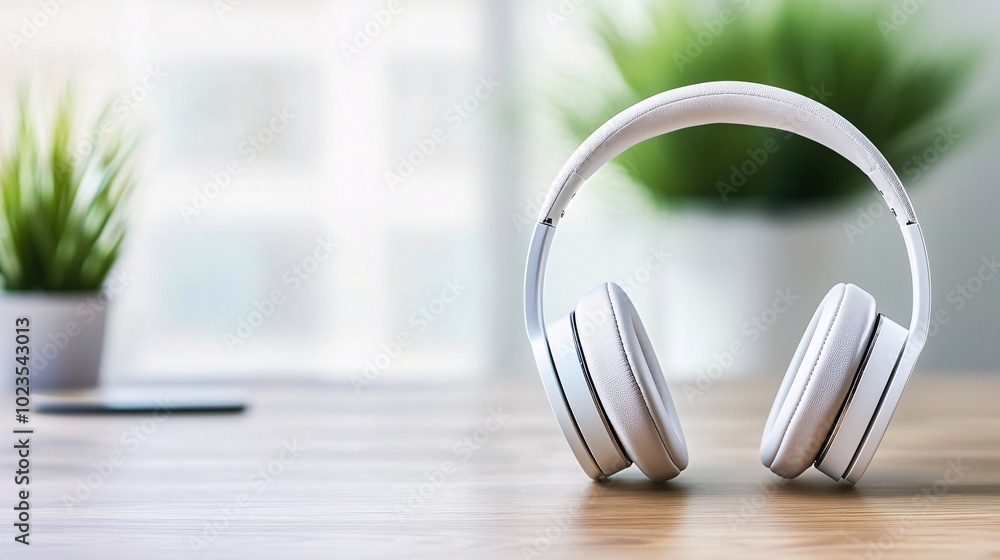 Poster engaging podcast session - close-up of headphones in dynamic studio setting with real-time guest con