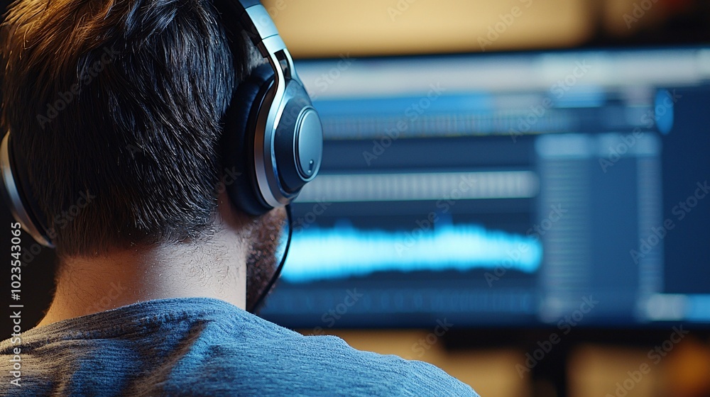 Poster engaging podcast session with dynamic guest conversation - close-up of headphones in a modern studio