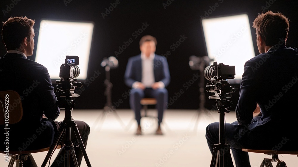 Poster dynamic interview setup on stage with microphones - engaging atmosphere for professional discussions