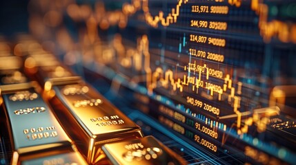 A close-up of a financial graph showing stock prices rising, with gold bars in the foreground.