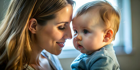 Powerful Mother-Baby Bond: Intimate Eye Contact in Soft Business Background with Bokeh Elements, Perfect for Stock Photography Concept with Copy Space
