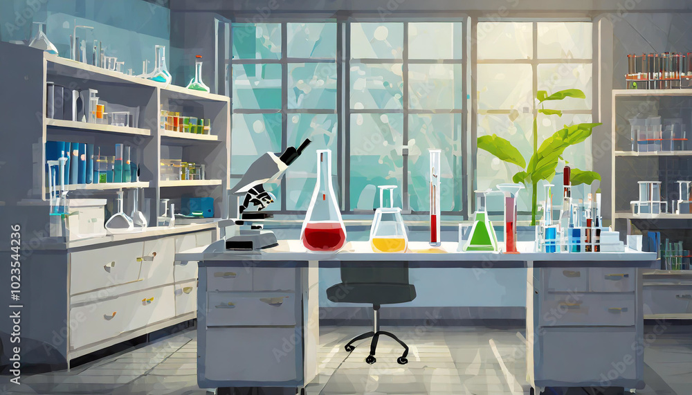 Aufkleber a bright and organized laboratory workspace with various glassware and a microscope illuminated by m