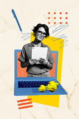 Composite trend artwork sketch image photo collage of copyspace young woman office manager appear...