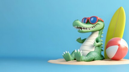 Inflatable Alligator with Sunglasses and Beach Accessories on Summer Vacation