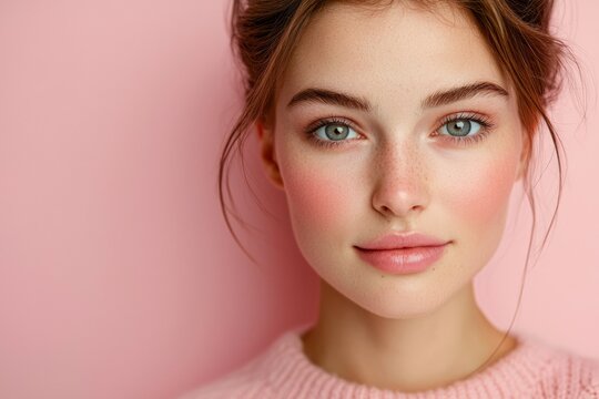Portrait of a Young Woman with Freckles and Pink Blush