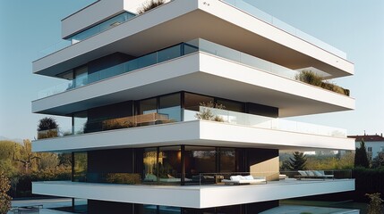 A modern three story residential building with white cantilever volumes.