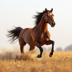 Obraz premium A running horse combined with rolling hills that dissolve into the white background. The dynamic motion of the horse contrasts sharply with the simplicity of the backdrop. AR: 3:2 to capture 