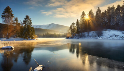 Serene winter lake at sunrise with fog rising and trees lining the shore in a mountainous landscape