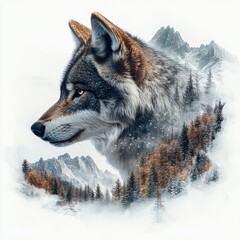 A wolf's profile seamlessly merged with a snow-covered mountain range, with the mountains and wolf isolated on a white background. The pure white backdrop highlights the sharp features of the 