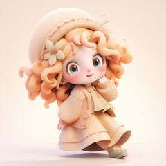 3D Render of a Cute Cartoon Girl with Curly Blonde Hair Wearing a Hat and Dress