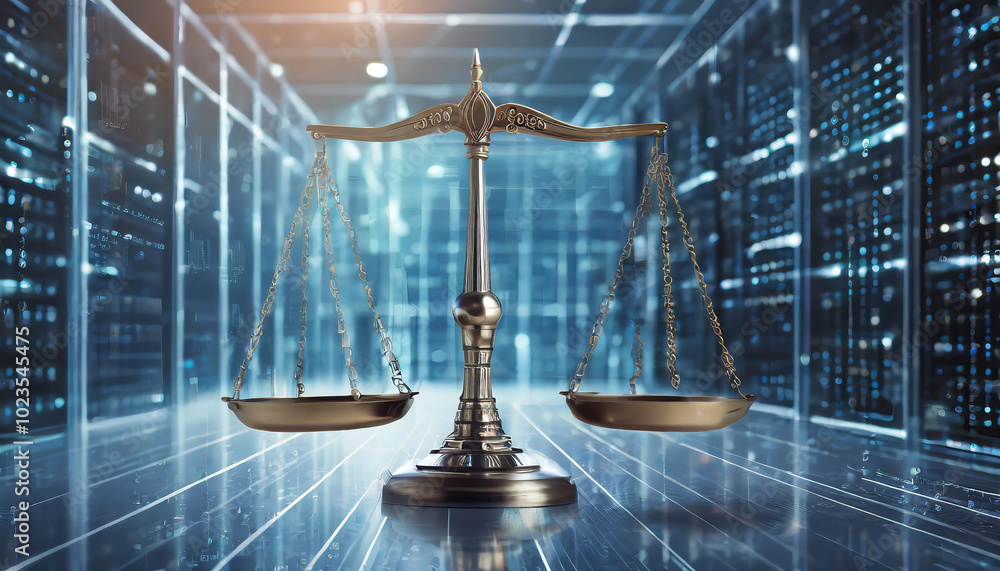 Poster a balanced scale symbolizing justice in a modern digital environment featuring data servers and glow