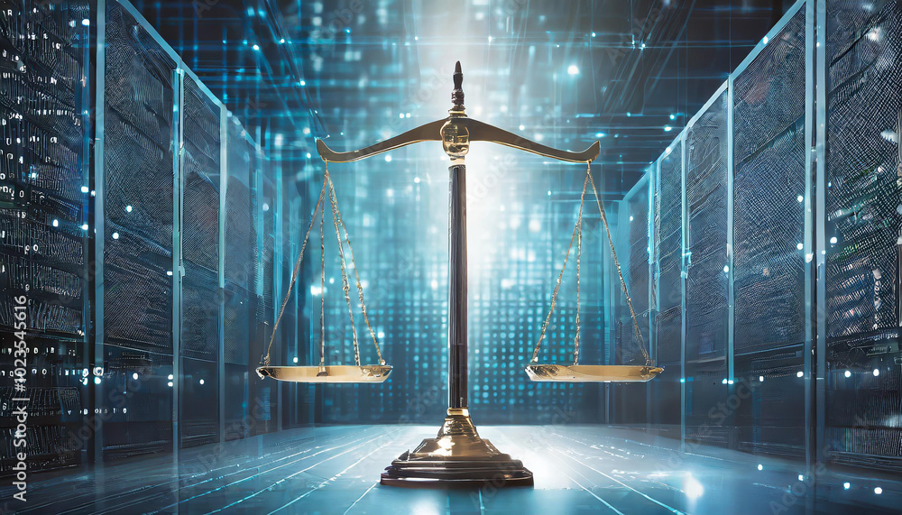 Poster a golden scale of justice illuminated by digital patterns in a futuristic setting