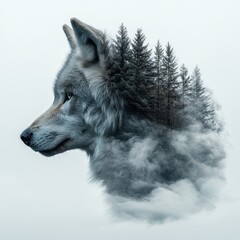 A wolf's profile seamlessly merged with with rolling hills that dissolve into the white background. The dynamic motion of the horse contrasts sharply with the simplicity of the backdrop. AR: 
