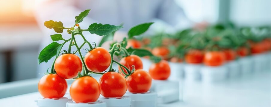 Fresh tomatoes growing in a greenhouse, vibrant colors on a white background.