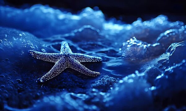 A starfish resting on a wave-lapped shore, illuminated by a blue light.