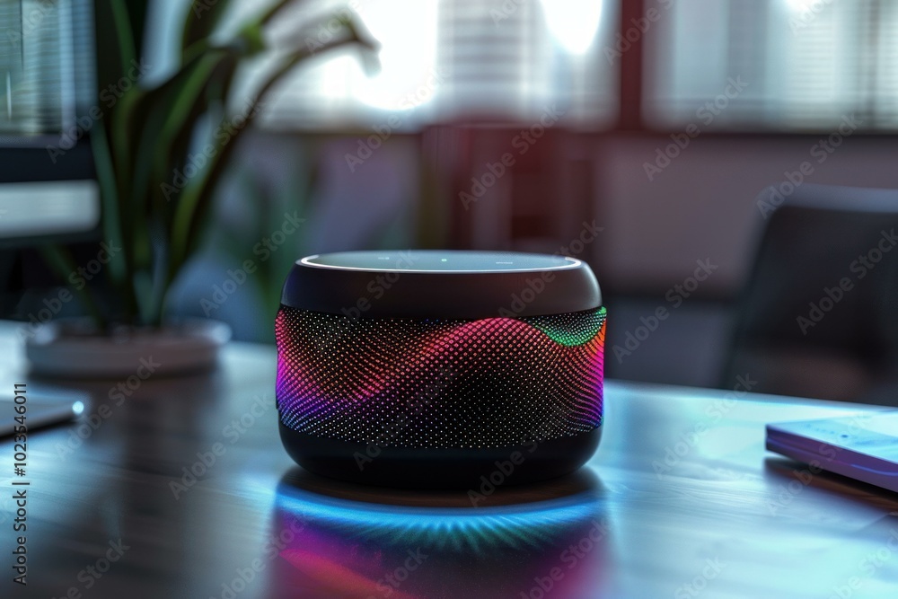 Poster Modern smart speaker with led lights displaying a sound visualizer effect