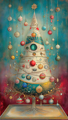 Abstract christmas tree and decorations on green and burgundy background.